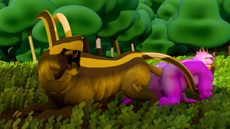 all_fours anthro anthro_on_feral backsack balls belly bestiality big_belly claws feral feral_penetrating_male forest genitals grass knotting larger_feral male male/male male_on_feral male_penetrated muscular muscular_male open_mouth outside outside_sex overweight penetration penis pink_body pink_eyes plant sex sharp_teeth size_difference striped_body stripes tailless teeth tongue tongue_out tree yellow_body malaguetista blender_(copyright) felid feline karfa mammal maraso matanu roshenon 16:9 3d_(artwork) blender_(artwork) blender_cycles_(artwork) digital_media_(artwork) hi_res widescreen