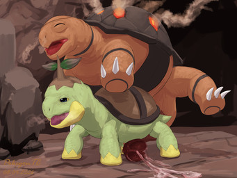 3_claws animal_genitalia animal_penis bodily_fluids breath brown_body claws cloacal_penis cum cum_on_ground cumshot duo ejaculation erection eyes_closed female feral feral_on_feral fire genital_fluids genitals green_body green_scales grey_body larger_male male open_mouth orange_body orange_scales outside panting penis plant premature_cumshot premature_ejaculation quadruped raised_leg scales seminal_groove shell size_difference smaller_female smoke smoke_from_nose tail turtle_penis yellow_body yellow_sclera pokegontc nintendo pokemon elemental_creature fire_creature flora_fauna generation_3_pokemon generation_4_pokemon pokemon_(species) torkoal turtwig 2026 4:3 digital_media_(artwork) hi_res