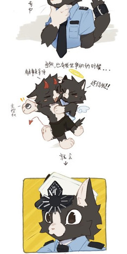 anthro black_body black_eyes black_fur black_necktie blue_dress_shirt clothing eyes_closed fur group halo hat headgear headwear kemono loading looking_at_viewer male necktie officer_uniform slim_anthro slim_male trio angel bobcat demon domestic_cat felid feline felis lynx mammal 2025