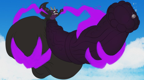 animal_genitalia anthro balls big_balls big_penis black_body bodily_fluids claws equine_genitalia erection falling fingers flying gem genital_fluids genitals horn huge_balls huge_penis hyper hyper_balls hyper_genitalia hyper_penis magic male multicolored_body nude outside penis precum purple_eyes purple_gem simple_background solo tail teeth toe_claws two_tone_body vezerem mythology vezar_(vezerem) dragon mythological_creature mythological_scalie scalie hi_res