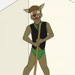 1:1 2017 anthro black_clothing black_topwear blush briefs broom brown_hair bulge canid canine canis cleaning_tool clothed clothing domestic_dog embarrassed fangs fuze green_clothing green_eyes green_underwear hair hi_res holding_object holding_tool inside luis_(fuze) male mammal markings necktie open_mouth solo suit teeth tools topwear underwear vest