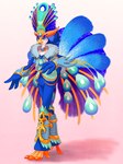 ambiguous_gender anklet anthro beak big_tail blue_body blue_eyes blue_feathers bracelet choker clothing costume elegant feathers feet jewelry long_legs looking_at_viewer necklace ornate_clothing peacock_feather simple_background smile smiling_at_viewer solo standing tail tail_feathers talons tiptoes toes yellow_beak orange_tubuan nintendo pokemon avian generation_9_pokemon pokemon_(species) quaquaval 2023 3:4 hi_res