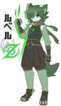 anthro armor bottomwear cape clothing footwear fur gauntlets gloves green_body green_fur handwear male red_eyes shoes sleeveless_shirt solo standing text kiukiu leber_(kiukiu) canid mammal absurd_res hi_res japanese_text