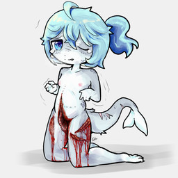 anthro blood blood_from_wound blue_eyes blue_hair bodily_fluids breasts crying female flat_chested gore hair kneeling simple_background solo tears torture white_background wounded young young_anthro gorebunny sealy_(gorebunny) aquatic mammal pinniped seal 1:1 absurd_res hi_res