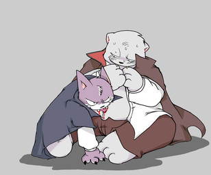 anthro belly blood blush bodily_fluids clothing duo holidays humanoid_hands licking male overweight overweight_male shirt simple_background tongue tongue_out topwear shirokumaou halloween bear felid feline mammal vampire 2006 archived_source