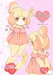 anthro back-tie_clothing back-tie_dress bare_shoulders blush breasts clothed clothing dress female fur hair heart_symbol holidays looking_at_viewer open_mouth pawpads pink_background pink_clothing pink_dress simple_background solo text translucent translucent_clothing yellow_body yellow_fur yokikana_yk animal_crossing nintendo valentine's_day isabelle_(animal_crossing) canid canine canis domestic_dog mammal shih_tzu toy_dog digital_media_(artwork) japanese_text shaded translation_request