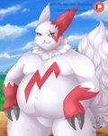 anthro belly claws fur looking_at_viewer male markings outside overweight overweight_anthro overweight_male red_markings slightly_chubby slightly_chubby_anthro slightly_chubby_male smile solo text thick_thighs white_body white_fur kotezio nintendo pokemon generation_3_pokemon mammal pokemon_(species) zangoose digital_media_(artwork) hi_res url