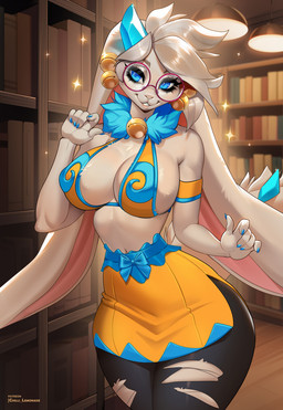 5_fingers anthro big_breasts biped blue_eyes bottomwear breasts clothed clothing eyebrows eyewear female fingers fur glasses hair inside long_ears looking_at_viewer pose smile smiling_at_viewer solo torn_bottomwear torn_clothing aomori atlyss mythology angela_flux bovid caprine dragon goat hybrid kubold_(atlyss) mammal mythological_creature mythological_scalie poon_(atlyss) scalie 2025 digital_drawing_(artwork) digital_media_(artwork) hi_res
