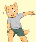 anthro bandage_on_cheek bottomwear clothing fangs hand_on_knee hand_on_leg happy looking_at_viewer male open_mouth shirt shorts solo spread_arms tail teeth topwear young young_anthro young_male nekotanyanneko canid canine canis domestic_dog mammal 2021 colored hi_res