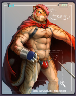 abs angry anthro athletic barazoku beard biceps big_muscles biped blue_eyes blush brown_body brown_fur brown_hair bulge camera_view cape clothed clothing cross-popping_vein facial_hair fangs fur gloves hair handwear male markings muscular muscular_anthro muscular_male pecs pose pubes red_hair solo standing stripes tan_body tan_fur teeth topless underwear null-ghost build_tiger build_tiger_(character) wingtiger canid canine felid mammal pantherine tiger 2013
