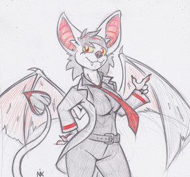 anthro belt claws clothing cosplay costume fangs female fingers heart_spade_tail jacket leather leather_clothing leather_topwear solo tail teeth topwear torn_wing uniform wings forlornnix limbus_company project_moon ivarin_(thenamist) bat leaf-nosed_bat mammal microbat vampire vampire_bat yangochiropteran sketch
