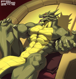 5_fingers animal_genitalia anthro chair clothed clothing facial_spikes fingers forked_tongue furniture genital_slit genitals green_body green_scales hand_on_knee hand_on_leg low-angle_view male muscular muscular_anthro muscular_male on_chair red_eyes scales shadow sitting sitting_on_chair sitting_on_throne solo spikes spikes_(anatomy) tail text throne tongue tongue_out topless topless_anthro topless_male ventral_scales yellow_body yellow_scales fansl jackie_chan_adventures mythology shendu demon dragon mythological_creature mythological_scalie scalie wingless_dragon 2023 artist_name dated digital_media_(artwork) hi_res