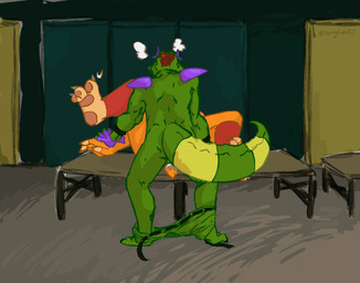 anal anal_penetration anthro athletic athletic_anthro athletic_male back_muscles backsack balls bottomwear bottomwear_down breath breathing brown_body butt claws clothed clothing duo finger_claws fur genitals green_balls green_body green_scales locker locker_bench locker_room machine male male/male male_penetrated male_penetrating male_penetrating_male markings nude orange_body orange_fur overweight overweight_anthro overweight_male pants pants_down partially_clothed pawpads paws penetration penis rear_view scales sex slightly_chubby slightly_chubby_anthro slightly_chubby_male tail tail_markings tail_motion text toe_claws twitching spicyfish157 five_nights_at_freddy's five_nights_at_freddy's:_security_breach scottgames steel_wool_studios glamrock_freddy montgomery_gator alligator alligatorid animatronic bear crocodilian mammal reptile robot scalie 2022 animated digital_media_(artwork)