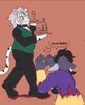 anthro breasts cheering clothing duo female food jacket male slightly_chubby strong_female topwear waiter waiter_suit walking apolonoise marina_(apolonoise) mitch_(apolonoise) felid fish lion mammal marine pantherine shark
