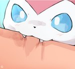 ambiguous_gender bite biting_another biting_arm blue_background blue_sclera blush duo faceless_character fangs feral nom pink_body simple_background teeth white_body white_eyes white_face unknown_artist nintendo pokemon eeveelution generation_6_pokemon human mammal pokemon_(species) sylveon