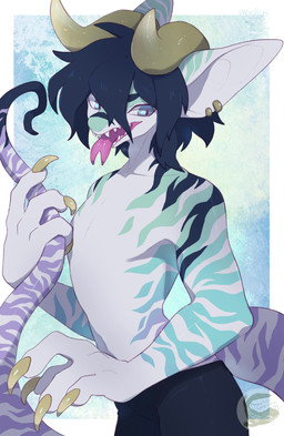 2_horns anthro black_bottomwear black_clothing black_shorts blue_eyes bottomwear claws clothing ear_piercing ear_ring finger_claws forked_tongue horn logo male piercing ring_piercing shorts solo striped_body stripes text tongue tongue_out unusual_anatomy unusual_horn yellow_claws yellow_horn mochiri 2025 absurd_res artist_logo artist_name cel_shading digital_drawing_(artwork) digital_media_(artwork) hi_res shaded