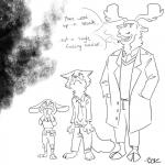 anthro cigarette clothed clothing coat covering covering_mouth covering_own_mouth covering_self female group hooves horn male police police_uniform size_difference smoke topwear trenchcoat uniform boreoboros disney zootopia fan_character judy_hopps maurice_fournier nick_wilde canid canine deer fox lagomorph leporid mammal moose new_world_deer rabbit 1:1 hi_res monochrome signature