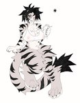 anthro big_breasts black_body black_fur black_hair black_stripes black_tail bra breasts cleavage clothed clothing countershading feet female fur hair hair_over_eye hindpaw holding_object narrowed_eyes nipple_outline one_eye_obstructed paws simple_background solo striped_body striped_fur stripes tail tail_tuft tan_body tan_fur tan_tail tuft underwear whiskers white_background white_body white_bra white_clothing white_countershading white_fur white_underwear thorn_paw yiri_(milkand) felid mammal pantherine tiger 2024 digital_media_(artwork) full-length_portrait hi_res portrait