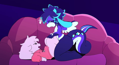 anthro anthro_penetrated audible_ejaculation blue_eyes blue_hair bodily_fluids bottomless cervical_penetration clothed clothing covering covering_face cum cum_in_uterus cum_in_vagina cum_inside deep_penetration duo ejaculation eye_contact female female_focus female_penetrated filled_womb from_front_position fur furniture genital_fluids genitals hair internal internal_vaginal knot knot_fucking knotting legs_together legs_up looking_at_another looking_pleasured lying male male/female male_penetrating male_penetrating_female mermaid_position missionary_position multiple_positions on_back on_sofa open_mouth orgasm ovaries penetration penile penile_penetration penis penis_in_vagina sex side_view sofa sofa_sex sound_effects tail tapering_penis three-quarter_view throbbing throbbing_penis thrusting tongue topwear uterus vaginal vaginal_knotting vaginal_penetration white_body white_fur x-ray_view ellael cave_story mythology dusk_(dustfalconmlp) fan_character kookie dragon lagomorph mammal mimiga mythological_creature mythological_scalie scalie 2025 2d_animation animated digital_media_(artwork) frame_by_frame hi_res long_playtime multiple_scenes sound webm