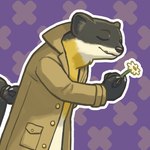 anthro biped black_body black_nose cute_fangs eyes_closed fangs flower plant simple_background solo teeth yellow_body unknown_artist tails_of_trainspot gulonine mammal marten mustelid musteline yellow-throated_marten 1:1 low_res official_art