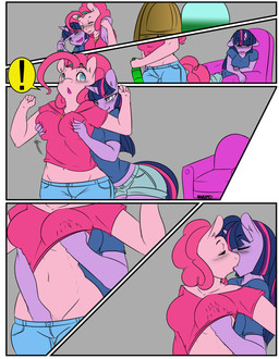 anthro anthrofied big_breasts blue_eyes blush bottle breast_grab breasts chair clothed clothing clothing_lift container curly_hair drunk duo exclamation_point eyes_closed female female/female fingering fondling fur furniture grabbing_from_behind grey_background grope hair hand_in_pants hand_on_breast hand_under_shirt happy horn hug kiss_on_lips kissing looking_back midriff multicolored_hair navel open_mouth pink_hair purple_body purple_eyes purple_fur purple_hair romantic romantic_couple sex shirt shirt_lift simple_background substance_intoxication surprised tongue topless topwear two_tone_hair avante92 friendship_is_magic hasbro my_little_pony mythology pinkie_pie_(mlp) twilight_sparkle_(mlp) earth_pony equid equine horse mammal mythological_creature mythological_equine pony unicorn 2013 comic hi_res