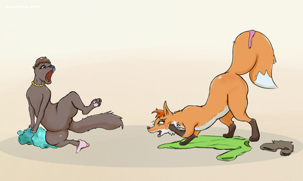 afro all_fours blush clothing disbelief duo eyelashes female feral forced forced_transformation jewelry lips open_mouth panties pawpads paws semi-anthro shrinking simple_background size_transformation species_transformation surprised touching_face transformation underwear cloud_coffee canid canine fox mammal mink mustelid musteline true_musteline