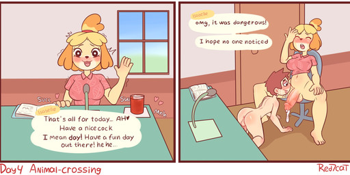 all_fours aloha_shirt anthro anus backsack balls big_penis blonde_hair blush bodily_fluids book bottomless breasts brown_hair clothed clothing cum cum_drip desk dialogue dripping duo electronics eyes_closed fellatio femboy furniture genital_fluids genitals gesture gynomorph gynomorph/male hair header header_box heart_symbol humanoid_genitalia humanoid_penis intersex intersex/male kneeling long_penis looking_at_viewer looking_pleasured male microphone navel nipple_outline nude oral partially_clothed pattern_clothing pattern_shirt pattern_topwear penile penis perineum sex shirt size_difference speech_bubble stealth_sex table tan_body tan_skin text text_header thick_penis topwear under_table unprofessional_behavior waving yellow_body red7cat animal_crossing nintendo isabelle_(animal_crossing) villager_(animal_crossing) canid canine canis domestic_dog human mammal shih_tzu toy_dog comic english_text hi_res