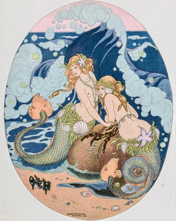 anthro beach blonde_hair bottomwear breasts butt clothing duo female foam footwear gem hair high_heels jewelry loincloth long_hair necklace nipples pearl_(gem) pearl_necklace red_hair rock sand sea seashell seaweed shell shoes split_form text water wave year gerda_wegener marine merfolk 1918 20th_century ancient_art artist_name better_version_at_source painting_(artwork) watercolor_(artwork)