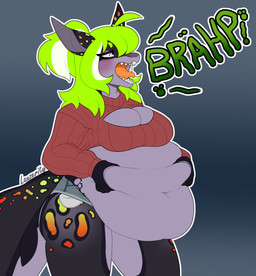 anthro belly belly_expansion belly_grab belly_squish big_belly blush blush_lines boob_sweater bottomwear breasts burping cleavage cleavage_cutout clothed clothing cutout expansion female hair hotpants huge_belly navel onomatopoeia open_mouth oral_vore overweight overweight_anthro shorts simple_background solo sound_effects squish sweater tail text thick_thighs tongue topwear vore lauzerity kiwi_(anamecuz) aquatic fish mammal shark digital_media_(artwork) hi_res