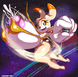anthro big_breasts bikini biped bodily_fluids breasts clothing female female_anthro gloves handwear huge_breasts lactating macro macro_anthro macro_female planet solo space swimwear two-piece_swimsuit yellow_eyes generalgodzilla sega sonic_the_hedgehog_(series) cream_the_rabbit lagomorph leporid mammal rabbit 2024 absurd_res colored hi_res