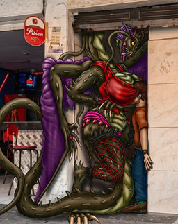 alley anthro big_breasts breasts clock clothing duo face_in_breasts female fishnet_clothing fishnet_legwear legwear male male/female photo_background red_clothing size_difference smaller_male tongue tongue_out watch wristwatch lokidragon87 a_chance_encounter sencha_(lokidragon87) human jabberwock jabberwocky mammal scalie absurd_res hi_res meme mixed_media photography_(artwork)