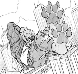 4_toes anthro bottomwear building building_destruction city_destruction claws clothed clothing cloud destruction duo extreme_size_difference facial_piercing feet floppy_ears hand_behind_head head_tuft looking_at_viewer macro male male_anthro narrowed_eyes nose_piercing nose_ring open_clothing open_mouth open_topwear outside pants pawpads paws piercing reclining ring_piercing septum_piercing septum_ring size_difference soles solo_focus standing toe_claws toes tongue tongue_out topwear torn_bottomwear torn_clothing torn_pants tuft solaxe_(artist) solaxe canid canine canis domestic_dog kangaroo macropod mammal marsupial hi_res monochrome sketch