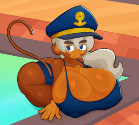 5_fingers anthro big_breasts big_butt blue_clothing breasts butt clothed clothing female fingers high-angle_view huge_breasts nipple_outline partially_submerged solo thick_thighs wide_hips fromariels bloons_tower_defense ninja_kiwi admiral_brickell haplorhine mammal monkey primate 2025 absurd_res hi_res