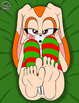 5_toes anthro anus bed bed_covers bed_sheet bedding brown_eyes butt clothing feet female fur furniture genitals half-closed_eyes holidays legwear looking_at_viewer looking_pleasured narrowed_eyes nude nude_female on_bed rabbit_ears solo stockings tan_body tan_fur toes vulva young young_anthro young_female sirjzau christmas sega sonic_the_hedgehog_(series) cream_the_rabbit lagomorph leporid mammal rabbit absurd_res hi_res