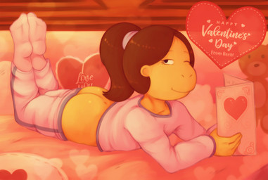 anthro bottomwear bottomwear_down butt clothed clothing female fur hair holidays pajamas pants pants_down partially_clothed plushie ponytail red_hair solo teddy_bear yellow_body yellow_fur young young_anthro young_female bzeh arthur_(series) valentine's_day muffy_crosswire haplorhine mammal monkey primate 2020 hi_res