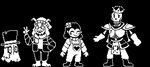 alternate_universe ambiguous_gender anthro armor beanie blush bone clothed clothing eyewear flower fur glasses group hair hat headgear headwear male overalls plant rag skeleton smile top_hat archie-the-racc_(artist) randomguyed storyshift undertale undertale_(series) asriel_(storyshift) asriel_dreemurr chara_(storyshift) chara_(undertale) napstablook papyrus_(storyshift) papyrus_(undertale) stitchy_the_spirit animal_humanoid boss_monster_(undertale) bovid bovid_humanoid caprine ghost goat human humanoid mammal mammal_humanoid spirit black_and_white digital_media_(artwork) monochrome