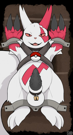 balls bdsm black_penis bondage bound chastity_cage chastity_device collar erection fur genitals harness lock male markings nude padlock penile_spines penis prisoner red_markings solo tapering_penis white_body white_fur q-blackbun nintendo pokemon generation_3_pokemon pokemon_(species) zangoose hi_res