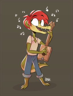 3_toes 4_fingers acoustic_guitar anthro black_eyes clothing eyebrows feet fingers freckles green_body green_scales guitar hair holding_object male musical_instrument musical_note musical_symbol open_mouth open_smile orange_hair plucked_string_instrument scales sharp_teeth smile solo spikes string_instrument symbol teeth toes tongue dinxart arlo_the_alligator_boy arlo_beauregard alligator alligatorid crocodilian reptile scalie hi_res