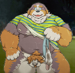 anthro belly black_nose clothed clothing dirty_underwear flaccid genitals kemono male moobs navel night nipples outside overweight overweight_male penis pubes raised_clothing raised_shirt raised_topwear shirt small_penis solo topwear suishou0602 bernese_mountain_dog canid canine canis domestic_dog mammal molosser mountain_dog swiss_mountain_dog 2026 hi_res