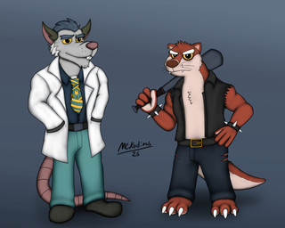 accessory alternate_costume alternate_universe anthro baseball_bat bat_(object) bracelet clothing clothing_swap coat duo fur grey_body grey_fur jewelry lab_coat looking_at_viewer male necktie orange_body orange_fur spiked_bracelet spikes topwear vest yellow_eyes mckodimus brok_the_investigator celsius_strays cowcat_games dr._mink squealers_chief mammal mink murid murine mustelid musteline rat rodent true_musteline 5:4 hi_res