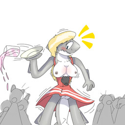 anthro big_breasts blonde_hair blush body_blush bottomwear breast_blush breasts camel_toe clothed clothing clothing_pull container cup disembodied_hand dress female fin genitals glass glass_container glass_cup grey_body group hair long_hair nipples non-mammal_breasts non-mammal_nipples panties pink_clothing pink_dress plate public public_exposure raised_bottomwear raised_clothing raised_skirt simple_background skirt surprise surprised surprised_expression underwear vulva vulva_blush white_body just172ordinary angela_sharline fish marine reef_shark shark 1:1 hi_res