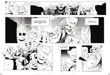 antennae_(anatomy) anthro big_breasts bodily_fluids bra breasts buckteeth clothed clothing dialogue female frown fur group hair male melee_weapon navel open_mouth polearm shocked spear speech_bubble standing tail teeth text tuft underwear weapon white_body young young_anthro young_female zoom_in horemheb dungeons_and_dragons hasbro wizards_of_the_coast julia_(horemheb) zeke_(horemheb) ambiguous_species amphibian arthropod canid canine canis cricetid domestic_dog domestic_pig frog grasshopper hymenopteran insect lepidopteran locust mammal mephitid mouse murid murine orthopterid rodent skunk suid suine sus_(pig) absurd_res black_and_white comic digital_drawing_(artwork) digital_media_(artwork) english_text hi_res monochrome shaded