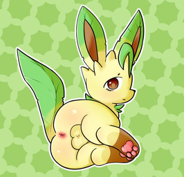 anus brown_eyes butt claws feral fur genitals green_body green_eyes green_fur looking_at_viewer male nude simple_background solo claraeve nintendo pokemon eeveelution generation_4_pokemon leafeon pokemon_(species)
