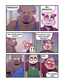 2_horns 7_panel_comic anthro apron blush blush_lines brown_body brown_fur clothing dialogue duo eye_contact eyes_closed flustered fur gesture glistening glistening_eyes hand_behind_head hand_gesture head_horn horn looking_at_another male name_in_dialogue name_tag open_mouth open_smile piercing pointing raised_arm shirt smile speech_bubble sweatdrop_(iconography) tan_body tan_fur tank_top text tongue tongue_piercing topwear uniform whiskers wide_eyed t0l0k brandon_(t0l0k) miguel_(t0l0k) bison bovid bovine herpestid mammal meerkat comic english_text hi_res