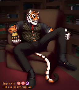 anthro boots clothing fangs footwear gloves handwear library male necktie shirt shoes sitting solo stripes tail teeth text topwear vest sammaeel epic_games fortnite oscar_(fortnite) felid mammal pantherine tiger absurd_res english_text hi_res