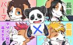 afro anthro bear black_body black_fur black_hair blonde_hair blue_eyes bow_(feature) bow_tie brown_hair business_suit canid canine canis clothing cody_(tenshoku_safari) coronta_(tenshoku_safari) domestic_dog eyes_closed fur giant_panda group hair japanese_text looking_at_viewer male mammal maruyama_(artist) mohawk multicolored_body multicolored_fur official_art one_eye_closed open_mouth orange_body orange_fur red_hair smile suit tenshoku_safari text translated two_tone_body two_tone_fur white_body white_fur wink