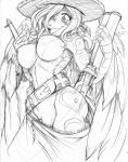 anthro beak belt breasts butt clothing feathered_wings feathers female gun hat headgear headwear looking_at_viewer low-angle_view markings nipples non-mammal_breasts non-mammal_nipples nude pubes ranged_weapon scales shotgun smile solo sombrero weapon wings avencri adela_(avencri) avian bird digital_drawing_(artwork) digital_media_(artwork) graphite_(artwork) mixed_media monochrome sketch traditional_media_(artwork)