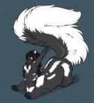 black_body black_fur black_hair bracelet breasts chest_tuft eyes_closed female fluffy fluffy_tail fur hair jewelry long_hair nipples nude simple_background slightly_chubby solo stretching tail tuft white_body white_fur hush-a-bye eastern_spotted_skunk mammal mammal_taur mephitid mephitid_taur skunk skunk_taur spotted_skunk taur 2013