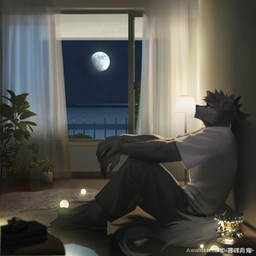 anthro blue_eyes bottomwear clothed clothing ear_markings fur glistening glistening_eyes grey_body grey_bottomwear grey_clothing grey_fur grey_hair grey_pants hair inside lamp male male_anthro markings messy_hair moon mouth_closed pants plant plant_pot potted_plant shirt side_view sitting solo striped_ears t-shirt topwear white_clothing white_hair white_shirt white_t-shirt white_topwear window yellow_markings awaldkize canid canine mammal 1:1 absurd_res hi_res