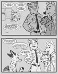 2017 anthro bulletproof_vest canid canine canis clothed clothing comic dialogue dipstick_ears disney ear_markings english_text felid female fox group judy_hopps lagomorph leporid male mammal monochrome multicolored_ears nick_wilde officer_fangmeyer officer_wolfard pantherine police police_uniform rabbit red_fox rockbottomfeeder size_difference speech_bubble text tiger true_fox uniform wolf zootopia